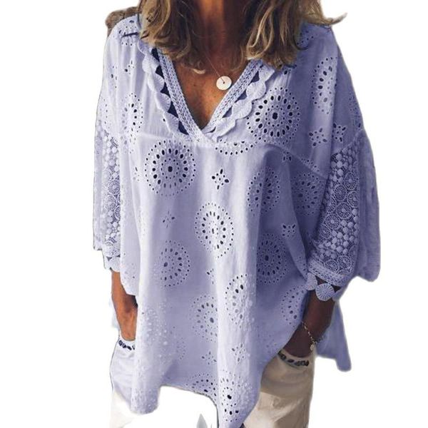 

women's polos women blouse hollow out lace patchwork plus size 5xl geometry v-neck summer shirt vrouw large, White