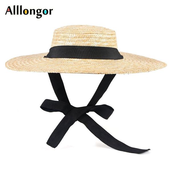 

natural wheat straw hat for women 2021 summer 12cm wide brim sun protection visor sunhat beach black ribbon boater hats, Blue;gray