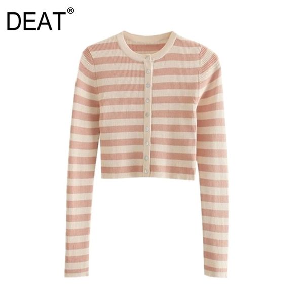 

[deat] spring autumn fashion single-breasted stripe long sleeve round neck knitting cardigan sweater 13c372 210527, White;black