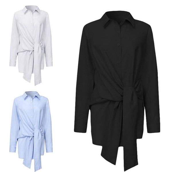 

women's blouses & shirts spring autumn women fashion white plain loose casual female outwear t-shirt lace-up long-sleeved 2021