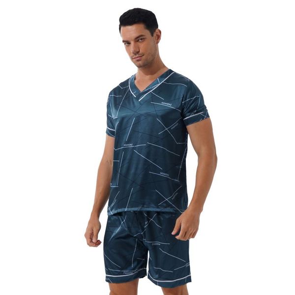 

bras sets summer print satin pajama set men's lingerie sleepwear loungewear short sleeve v neck mid waist shorts homewear costume, Red;black