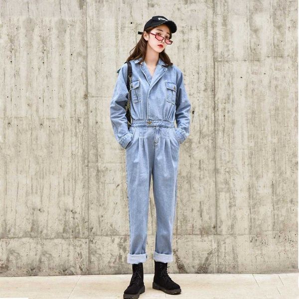 

women's jumpsuits & rompers long sleeve denim jumpsuit women spring vintage double pockets design jeans high waist outfit overalls, Black;white