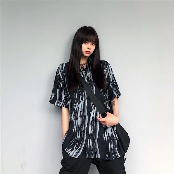 

men's casual shirts linling2021 summer korean version of harajuku style spray pattern design short-sleeved shirt student, White;black
