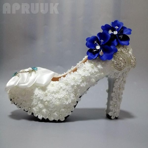 

dress shoes lace pumps woman handmade luxury satin butterfly-knot royal blue flower pearls bridal platforms plus size, Black