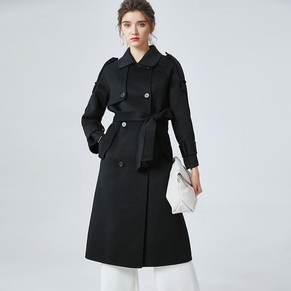 

women's wool & blends double faced cashmere coat loose hand stitched breasted tweed long thickened jacket pink with belt, Black