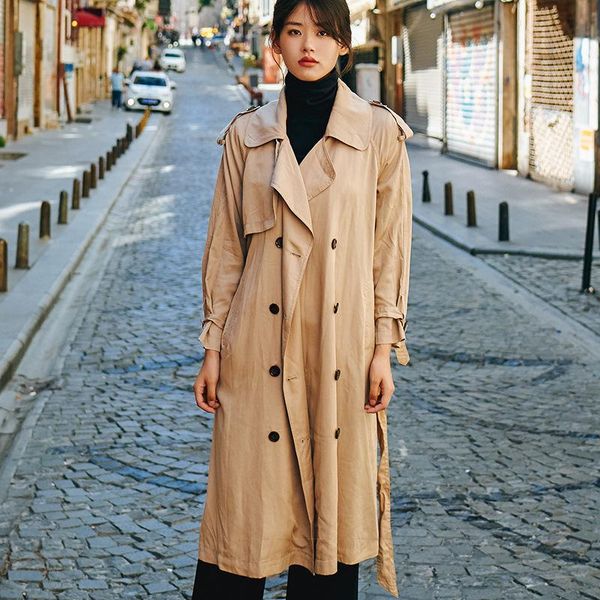 

women's trench coats nanastyle 2021 spring autumn fashion casual long sleeve tencel classic khaki coat windbreaker for women, Tan;black