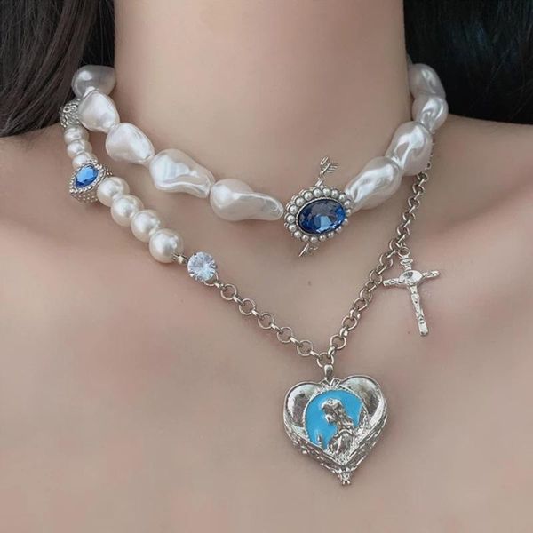 

chains masa 2021 fashion vintage irregular pearl necklace for women ladies elegant metal blue heart pendent choker party jewelry, Silver