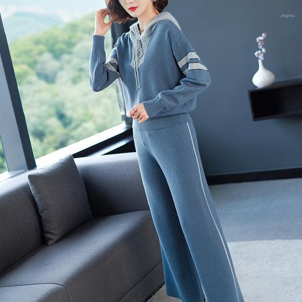

two piece dress knitted tracksuit women set hooded sweater pullover wide leg pants suit long sleeve 2 knitting clothes female pantsuit, White