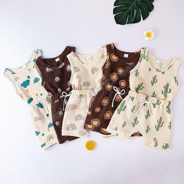 

summer baby short clothing sets rainbow sun cactus cartoon print linen cotton sleeveless vest + shorts 2pcs kids sport outfits suit, White