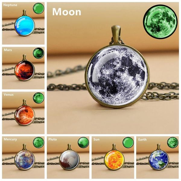 

pendant necklaces glow in the dark planet necklace solar system moon earth glass cabochon universe space jewelry, Silver