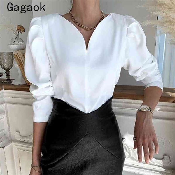 

blouse women spring autumn office lady solid v-neck puff sleeve simple shirts slim chic korean fashion blouses 210531, White