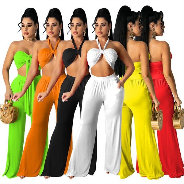 

style summer two piece womens pants suit fashion solid color bandage tube and high waist losse long matching sets, White