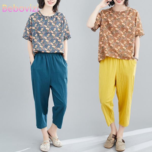 

women's two piece pants cn(origin) 2021 summer linen cotton women loose pant sets retro short sleeve blouse + cropped trousers suit, White