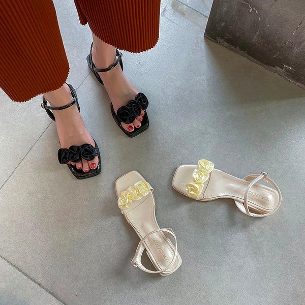 

sandals women summer fashion women's 2021 square heels casual party slippers ankle wrap ladies flat shoes open toe, Black