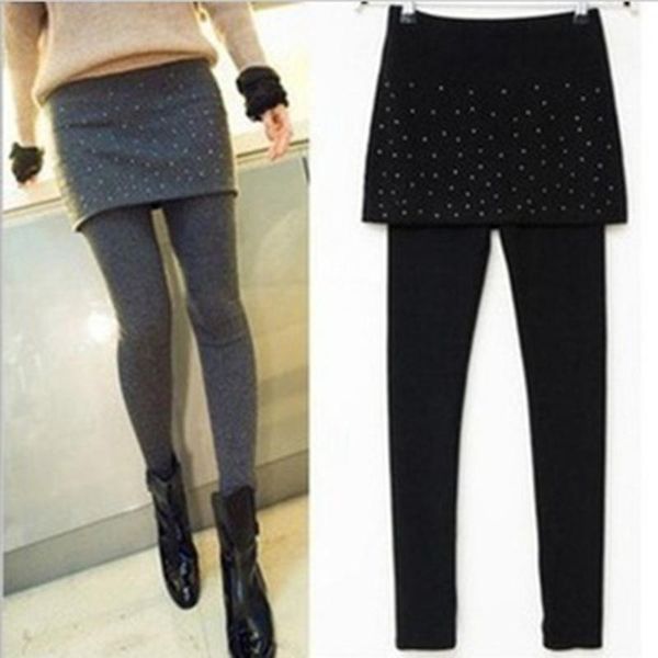 

women's leggings fashion pleated stretchy warm ankle-length leggins autumn winter women black legins female skirt footless