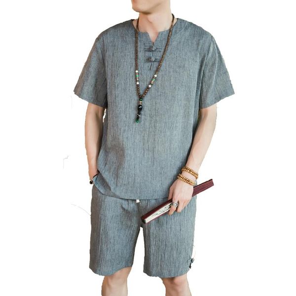 

men's tracksuits -5xl plus size men short sleeve linen blouse+ shorts 2 pcs tracksuit for summer streetwear plain color clothing xxxxx, Gray