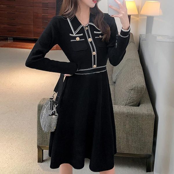 

casual dresses korean fashion knitted autumn 2021 long sleeve slim vintage robe femme elegant button lapel vestidos de mujer, Black;gray