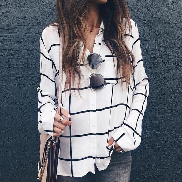 

fashion casual long sleeve plaid women shirt printed button turndown collar loose elegant office blouse blusas mujer 35, White