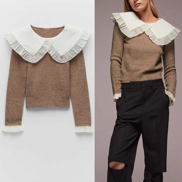 

za ruffle knit sweater women fashion peter pan collar long sleeve combination pullover female autumn casual knitted 210602, White;black