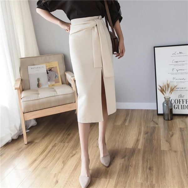 

skirts 2021 spring summer women fashion temperament lace-up female slim thin high waist straight skirt plus size solid wears, Black