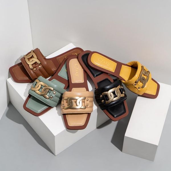 

dress shoes lmcavasun flat heel slippers women summer slides chain decoration square head bare-toe leather sandals size42, Black