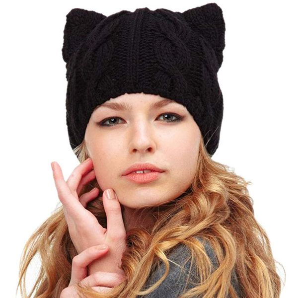 

women's hat cat ear crochet braided knit caps solid color winter wool beanies cap cute lady bonnet gorros mujer invierno, Blue;gray
