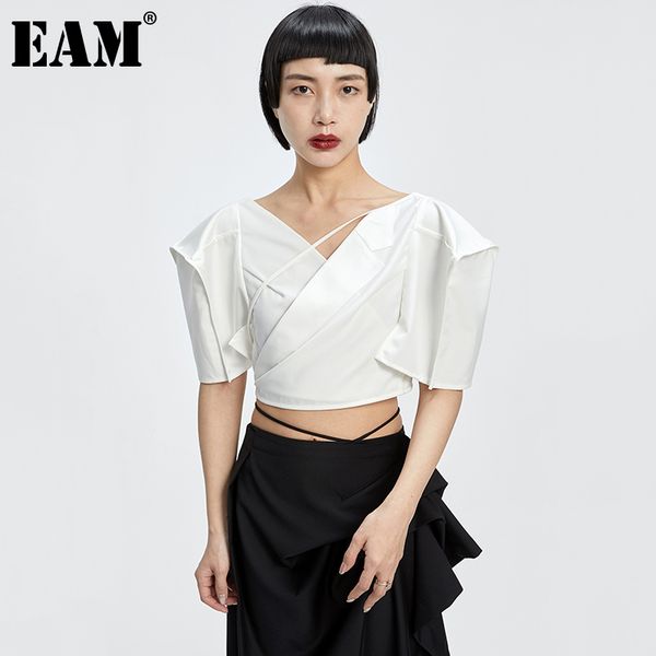 

[eam] women white shaped cross bandage short blouse v-collar half sleeve loose fit shirt fashion spring summer 1dd8356 21512