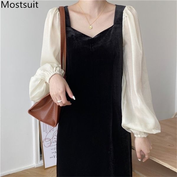 

korean vintage royal style women dress puff sleeve v-neck yarn spliced long dresses autumn elegant ladies vestidos femme 210513, Black;gray