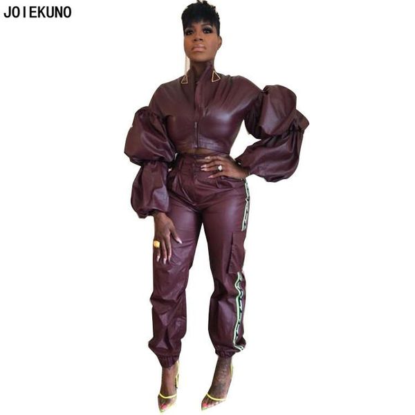 

two piece dress joiekuno solid puff sleeve autumn fashion club rompers women jumpsuit v neck zipper party set yw0714, White