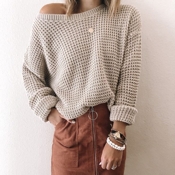 

autumn and winter knit one-shoulder sweater solid color womens long-sleeved sweaters loose casual ladies all-match, White;black