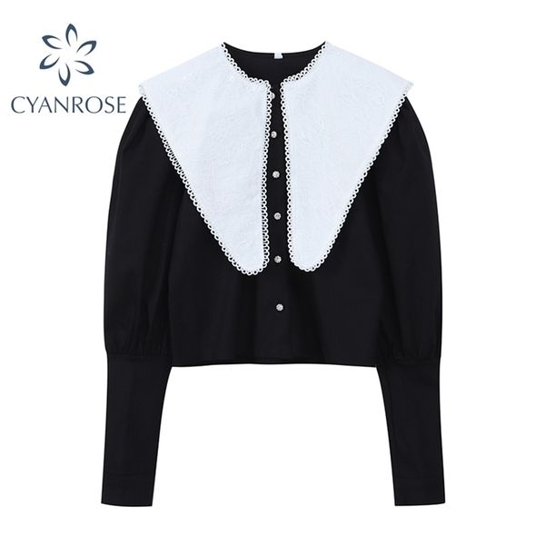 

spring women fitting blouse spliced big peter pan embroidery collar long sleeve button shirt vintage french blusas 210515, White