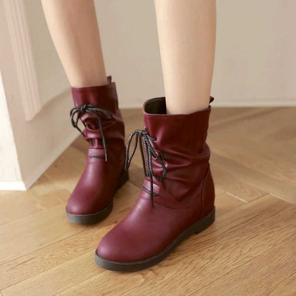 

zawsthia pu winter womens boots round platform flats booties for woman slip-on casual loose ankle boots cross-tied shoes 210611, Black