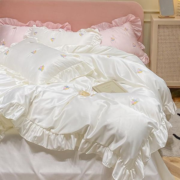 

bedding sets princess style set fairy washed-silk simple solid color denim ice silk summer naked linen quilt