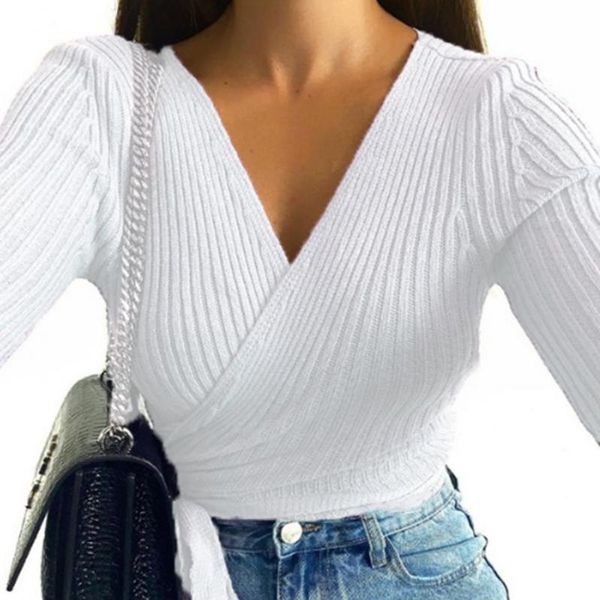 

women's blouses & shirts women v neck wrap blouse solid color long sleeve slim ribbed knitwear pullovers female lady, White