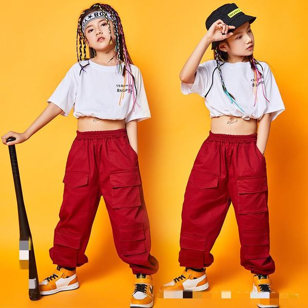 

clothing sets girl's hip hop loose crop red cargo pants short sleeve hiphop outfits jazz dance performance stage costumes, White