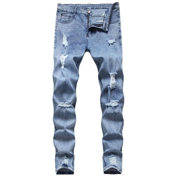

men's slim feet scratched denim trousers trendy youth ripped jeans, Blue