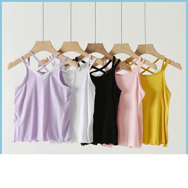 

girls tank children summer kids clothes childrens vest bottoms underwear lace t-shirts cotton b6914, Blue