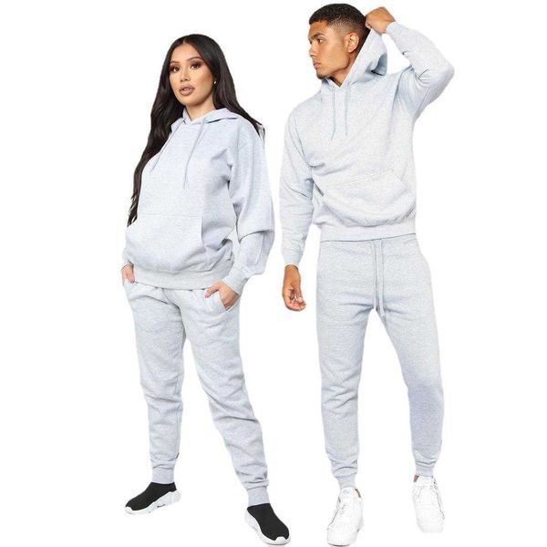 

new men's and women's couple hooded solid color sweater suit men's leisure sports suit, Gray