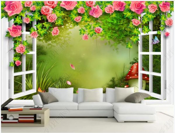 Papel de parede de fotos personalizadas 3d murais Papel de parede moderno rosa flores fora da janela Vista floresta mural fundo papéis de parede home dcororation