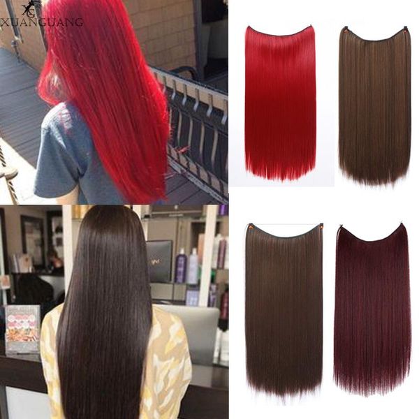 

synthetic wigs real natural fake no clip in halo hair invisible wire secret fish line pieces silky straight, Black