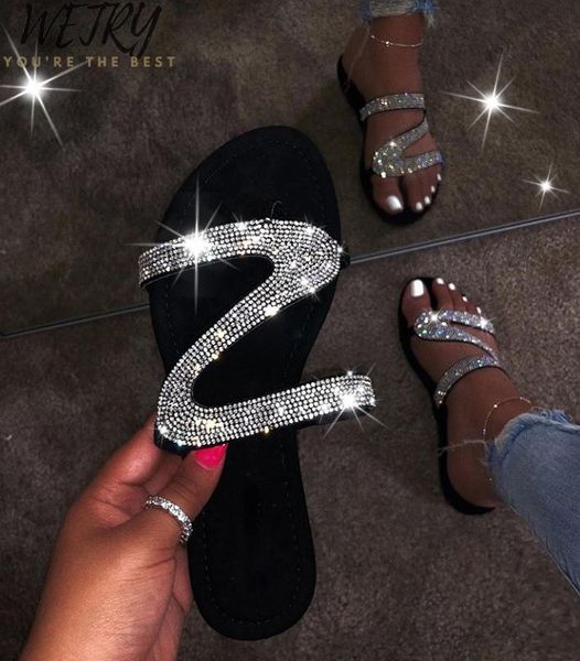 

beach slippers home fashion winter bright diamond sandals female 2021 flip flop flat with interior, Black