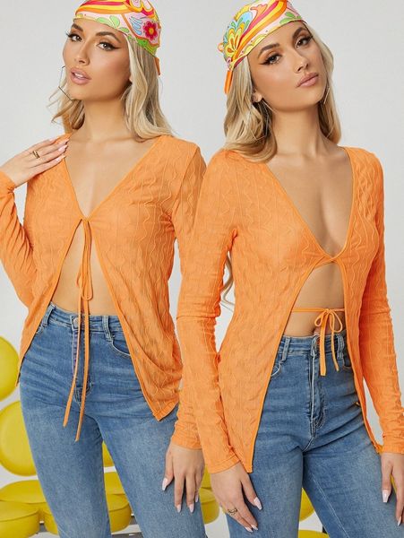 

1pc tie front sheer mesh x2r7#, White