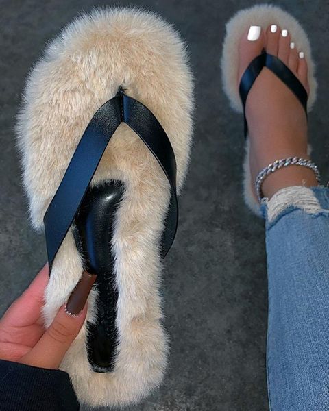 

slippers women's shoe winter style flip flops women flat comfortable large size plush and durable, Black