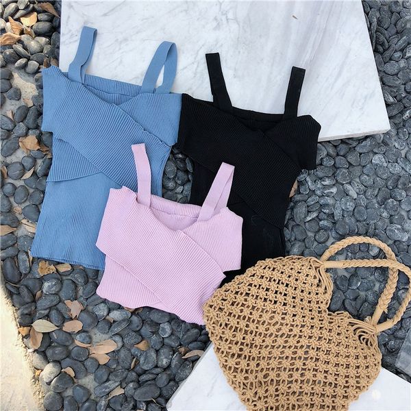 

female knitted tank cross chest stretchy slim ladies strapless spaghetti crop for women spring 210518, White