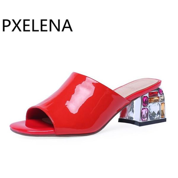 

slippers pxelena charming crystal high heels women slides real genuine patent leather summer female party shoes rhinestone 2021, Black