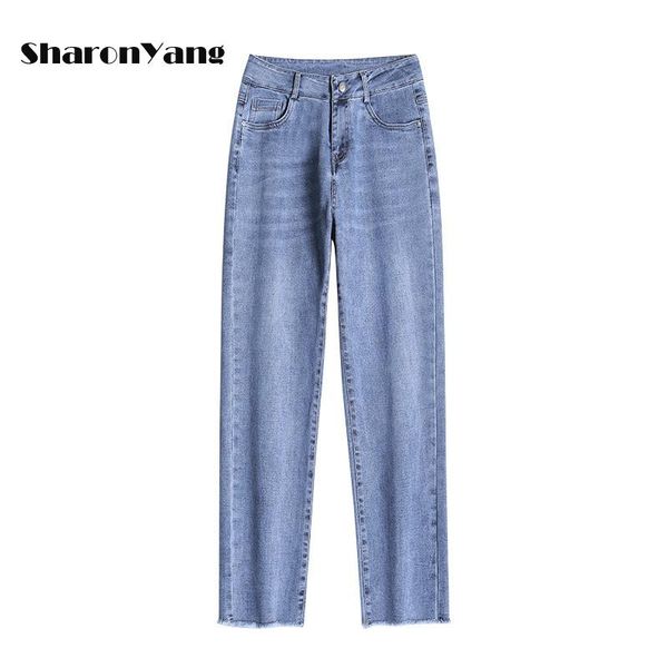 

women's jeans women spring summer high waist straight pants mom plus size female denim ankle length for woman, Blue