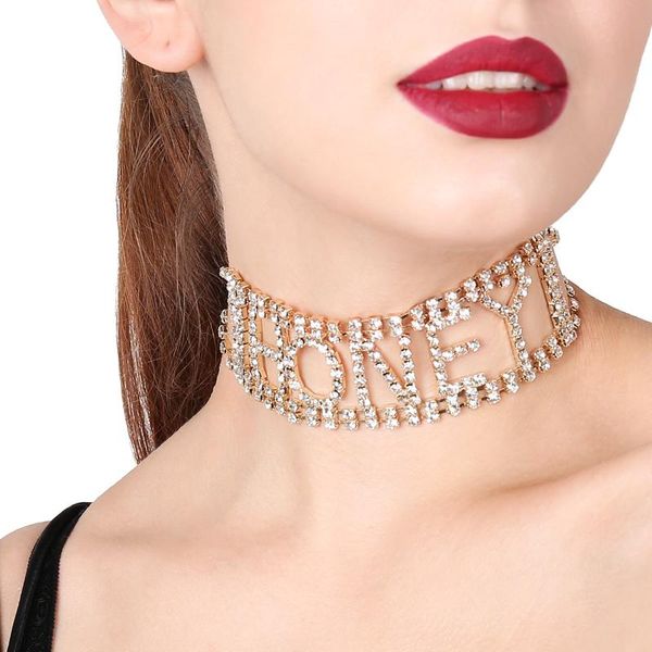 

punk exaggerated super flash artificial diamond-studded letter necklace choker for women chains, Silver
