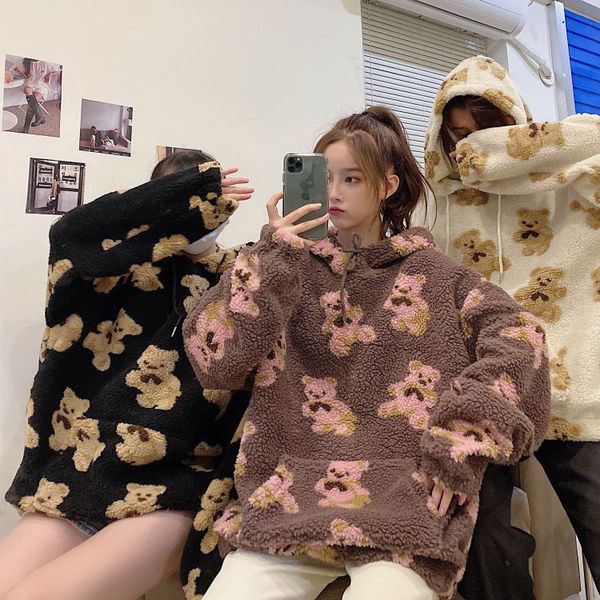 

2021 bear pattern lamb wool ladies hoodie korean sportswear all-match loose new sports shirts womens oversized pullovers, Black