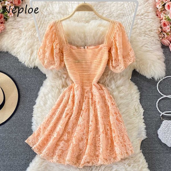 

neploe square collar clavicle exposed dress women high waist hip a line slim vestidos lace hook flower elegant robe summer c0607, Black;gray