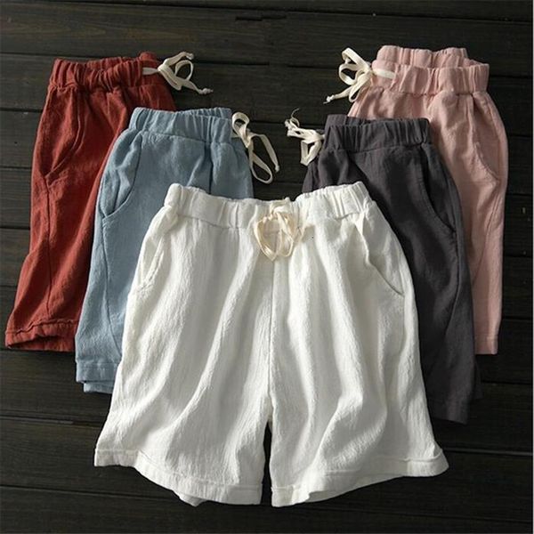 

loose solid cotton linen womens shorts feminino elastic high waist plus size  6xl 7xl white jujube red, White;black